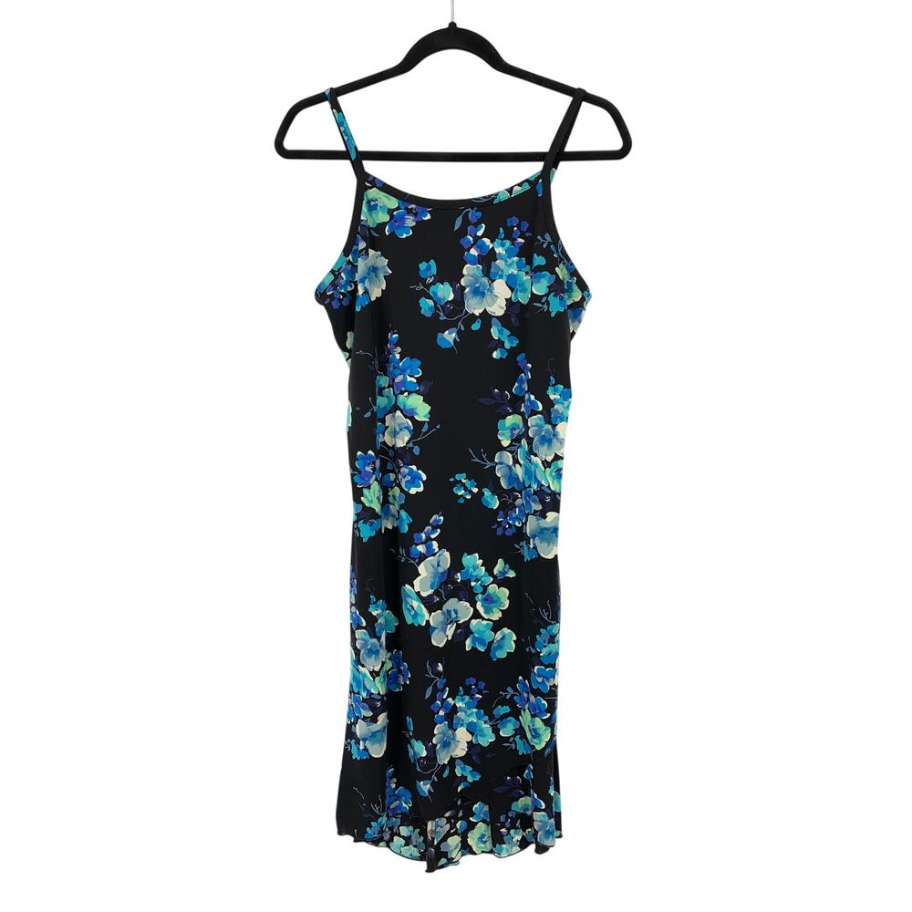 VTG AGB Dress Black Blue Floral Midi Slip Dress Sz M Spaghetti Strap Ruffle Hem